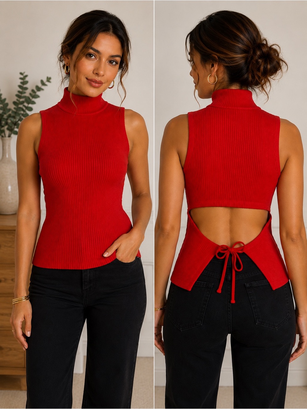 Forever 21 Sleeveless Ribbed Mock Neck Top - Red
